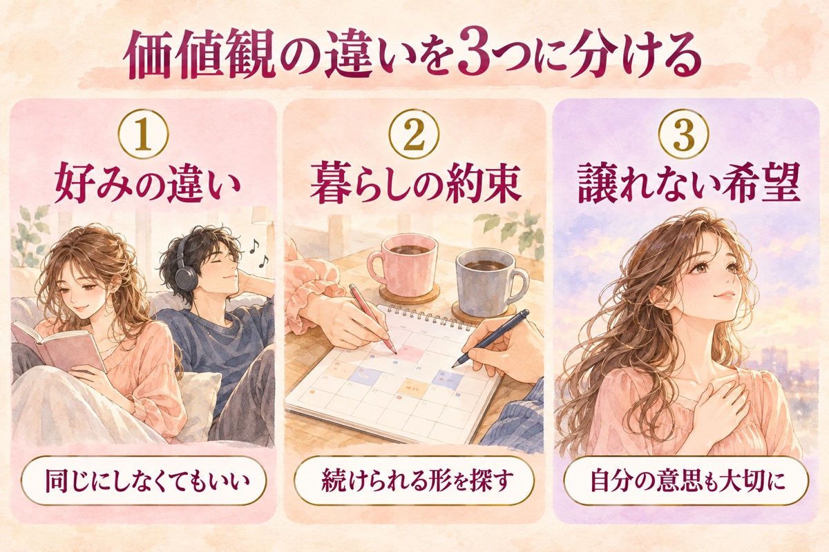 価値観の違いを好みの違い・暮らしの約束・譲れない希望の3つに分ける図解