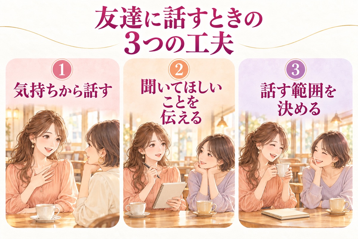 友達に話す工夫：気持ちから話す、聞いてほしいことを伝える、話す範囲を決める