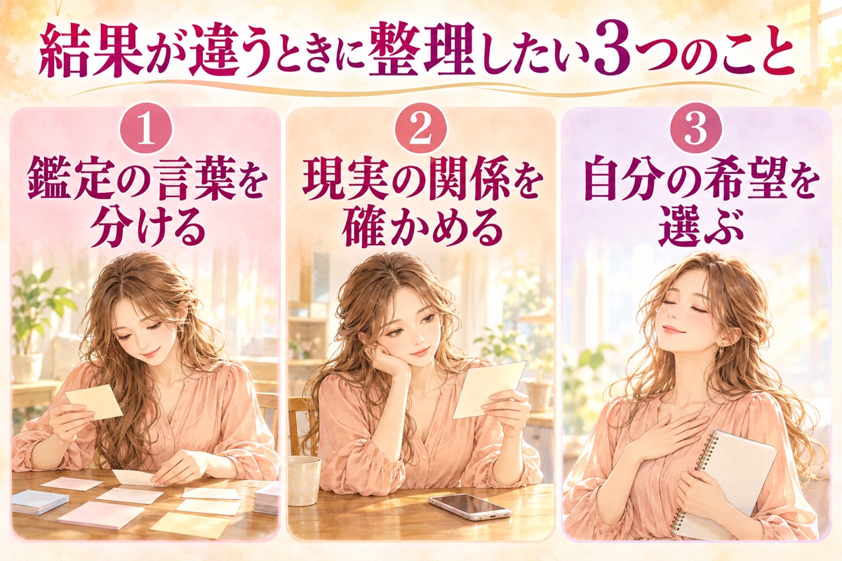 結果が違うときの整理法：鑑定の言葉を分ける、現実の関係を確かめる、自分の希望を選ぶ